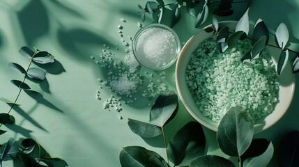 Poster - Skin care body treatment products eucalyptus leaves sea salt  on green background top view copy space Spa and natural skin care concept : Generative AI