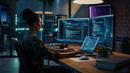 Poster - The female data security expert at the data center has a high level of expertise in detecting and preventing cyber threats, ensuring the security and stability of the network.