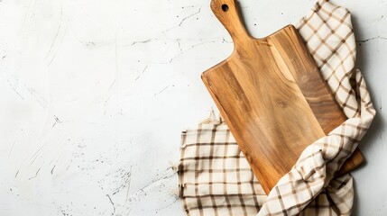 Aufkleber - Empty wooden cutting board and tablecloth on white stone table Top view copy space : Generative AI