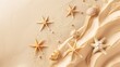Summer vacation and beauty sand mock up with starfish and sand on beige background top view copy space flat lay banner : Generative AI