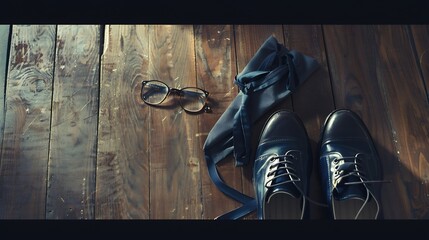 Poster - Composition with stylish school uniform shoes eyeglasses and tie on wooden background : Generative AI