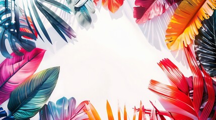 Wall Mural - Creative layout made of colorful tropical leaves on white background Minimal summer exotic concept with copy space Border arrangement : Generative AI