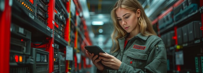 Poster - The technical specialist is actively engaged in checking and analyzing effectiveness of network systems in the data center, looking for opportunities to improve and optimize them. Wide Format Banner