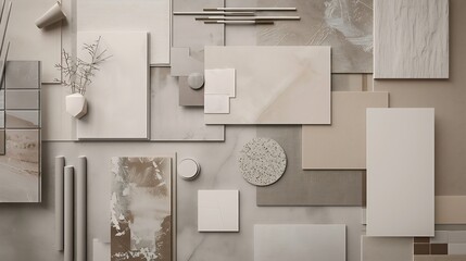 Wall Mural - Stylish  flat lay composition in beige and gray color palette with textile and paint samples panels and tiles Architect and interior designer moodboard Top view Copy space : Generative AI