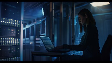 Poster - In a dark server room, a programmer is busy with a laptop. A female engineer in a data center implements and maintains cloud storage infrastructure, ensuring its stable and uninterrupted operation.