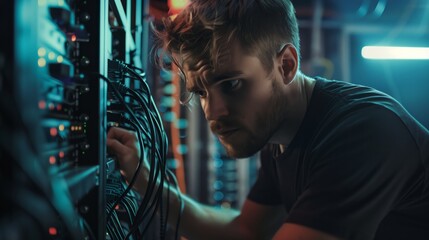 Poster - A software technician in a data center identifies and solves complex technical problems in the software, ensuring that it works reliably and efficiently. A man sets up a server