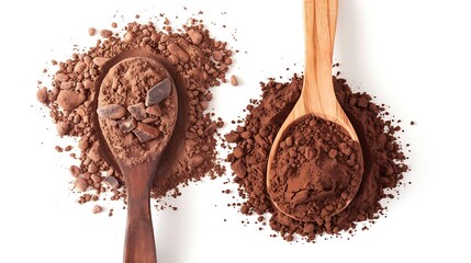 Aufkleber - Cocoa drink and cocoa powder in wooden spoon isolated on white background Top view Flat lay : Generative AI