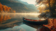 A serene lake in the mountains at sunrise, mist hovering over the water, a canoe resting on the shore, surrounded by autumn foliage. Generative AI illustration 