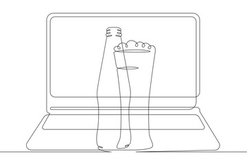 Poster - One continuous line.Glass and bottle of beer. Beer and computer. Laptop and alcoholic drink. Continuous line drawing.Line Art isolated white background.