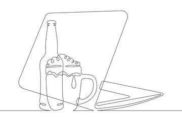 Poster - One continuous line.Glass and bottle of beer. Beer and computer. Laptop and alcoholic drink. Continuous line drawing.Line Art isolated white background.