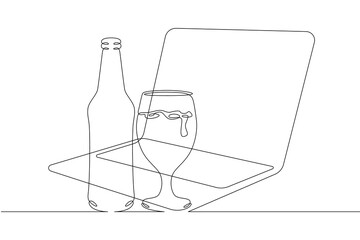 Poster - One continuous line.Glass and bottle of beer. Beer and computer. Laptop and alcoholic drink. Continuous line drawing.Line Art isolated white background.