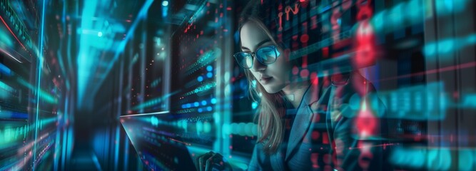 Aufkleber - A female computer engineer is focused on solving technical problems and ensuring the optimal functioning of the computer infrastructure in the data center. Futuristic banner concept