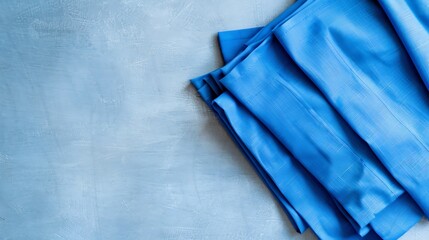 Poster - top view with blue kitchen napkin isolated on table background Folded cloth for mockup with copy space Flat lay Minimal style : Generative AI