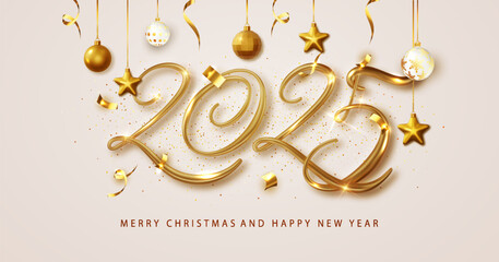 Wall Mural - 2025 New Year banner with 3D gold numbers and hanging ornaments. Christmas and New Year banner festive season banner.