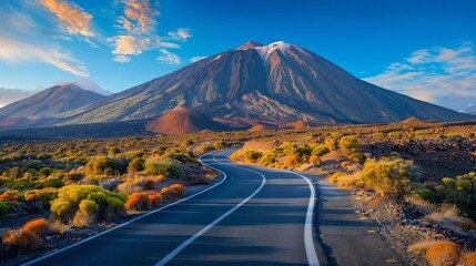 Poster - A mountain range is in the background of a road. The road is empty and straight. The sky is blue and the sun is shining
