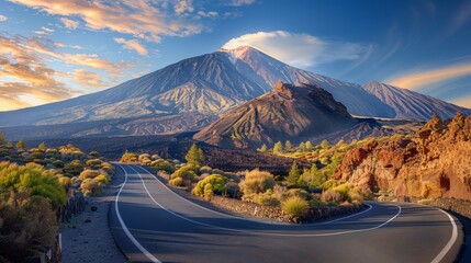 A mountain range is in the background of a road with a curve. The road is empty and the sky is blue