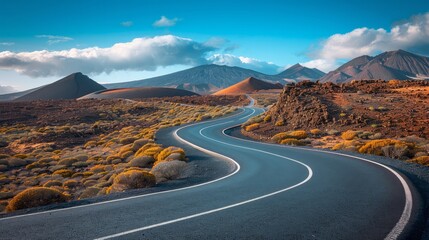 Poster - A winding road with a mountain in the background. The road is empty and the sky is clear