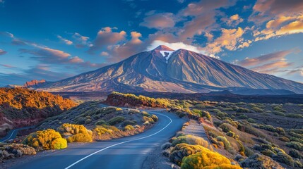 Poster - A mountain range with a road running through it. The sky is blue with some clouds