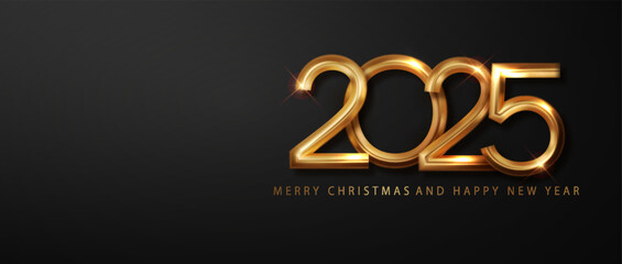 Wall Mural - Happy New 2025 Year holiday vector illustration. Golden realistic metallic 3d numbers 2025 isolated on black background.