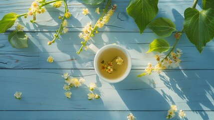 Aufkleber - Flat lay composition with tea and linden blossom on light blue wooden table : Generative AI