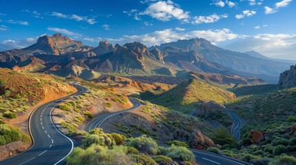 Poster - A winding road in the desert with mountains in the background. The road is empty and the sky is clear