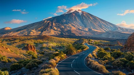 Poster - A mountain range is in the background of a road. The road is winding and surrounded by trees. The sky is clear and blue