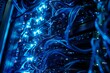 : A network of glowing blue data streams coursing through the metallic veins of a colossal supercomputer core.
