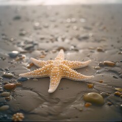 Fototapete - A starfish is lying on the sand near the water