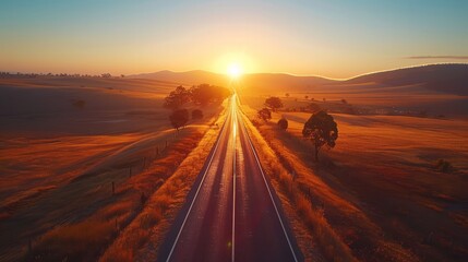 Poster - A long road with a sun in the sky
