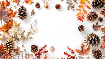 Aufkleber - Autumn floral background oak leaves cones flowers berries arranged in frame on white background copy space : Generative AI