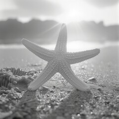 Fototapete - A starfish is lying on the sand near the water