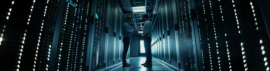 Aufkleber - A team of male engineers improves and optimizes the software in the data center, ensuring that it meets security and efficiency requirements. Wide format