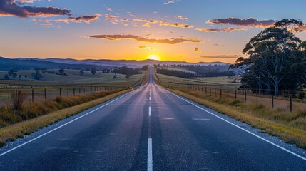 Poster - A mountain range is in the background of a road. The road is empty and straight. The sky is blue and the sun is shining
