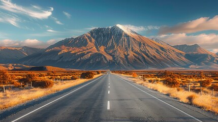 Poster - A mountain range is in the background of a road. The road is empty and straight. The sky is blue and the sun is shining
