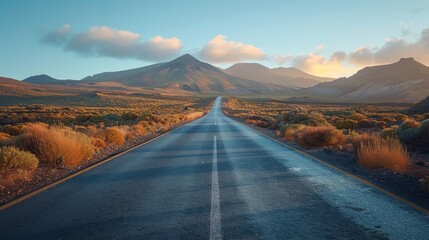 Poster - A long road with a mountain in the background. The road is wet and the sky is cloudy