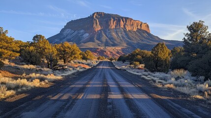 Poster - A road with a mountain in the background. The road is dirt and the sky is blue. The mountain is covered in snow