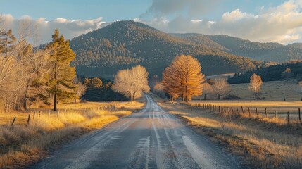 Poster - A road with trees on either side and a mountain in the background
