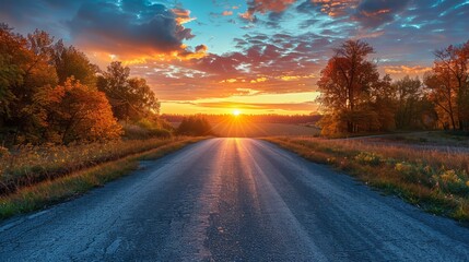 Poster - A road with a sunset in the background. The sky is orange and the sun is setting