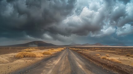 Poster - A desolate road with a stormy sky above. The sky is dark and cloudy, and the road is empty