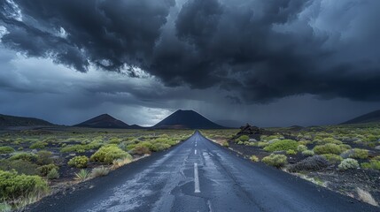 Poster - A long road with a mountain in the background and a stormy sky. Scene is dark and ominous