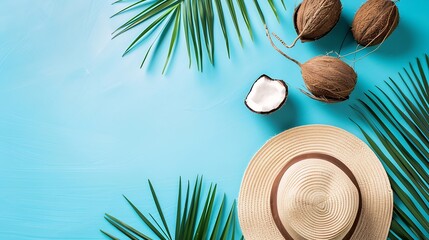 Poster - Summer composition Tropical palm leaves hat coconut on pastel blue background Summer concept Flat lay top view copy space : Generative AI