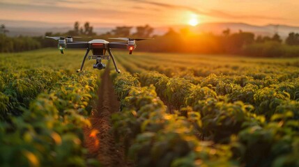 Wall Mural - A drone is flying over a field of green plants. The drone is black and white and is hovering over the plants. The sky is clear and the sun is setting in the background