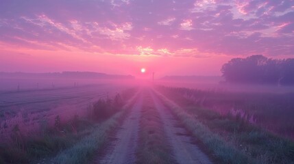 Poster - A road with a sunset in the background. The sky is pink and the sun is setting. The road is empty and there are no people or vehicles