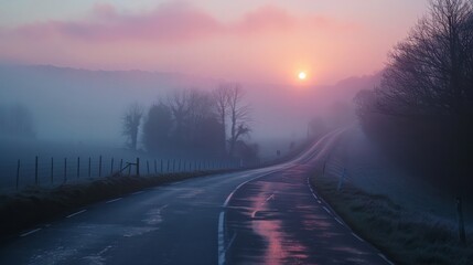 Poster - A mountain range is in the background of a road. The road is empty and straight. The sky is blue and the sun is shining