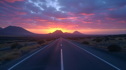 Poster - A road with a mountain in the background. The road is empty and the sky is clear