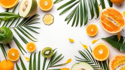 Aufkleber - Summer tropical composition Green palm leaves and tropical fruits on white background Summer concept Flat lay top view copy space : Generative AI