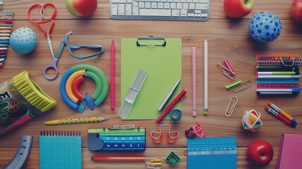 Poster - Flat lay school stationery on a wooden background Back to school concept creative layout Top view overhead : Generative AI