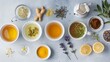 Cup and ingredients for immunity boosting tea on grey table flat lay : Generative AI