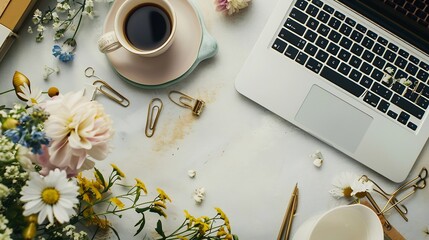 Aufkleber - Top view home office desk Workspace with laptop wildflowers bouquet coffee cup golden pen clips and accessories Flat lay : Generative AI