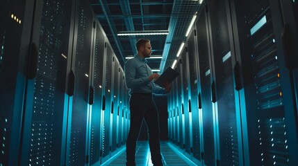 Poster - A male engineer at the data center works focused on ensuring data security and protecting sensitive information, developing and implementing protection strategies for the network and servers.